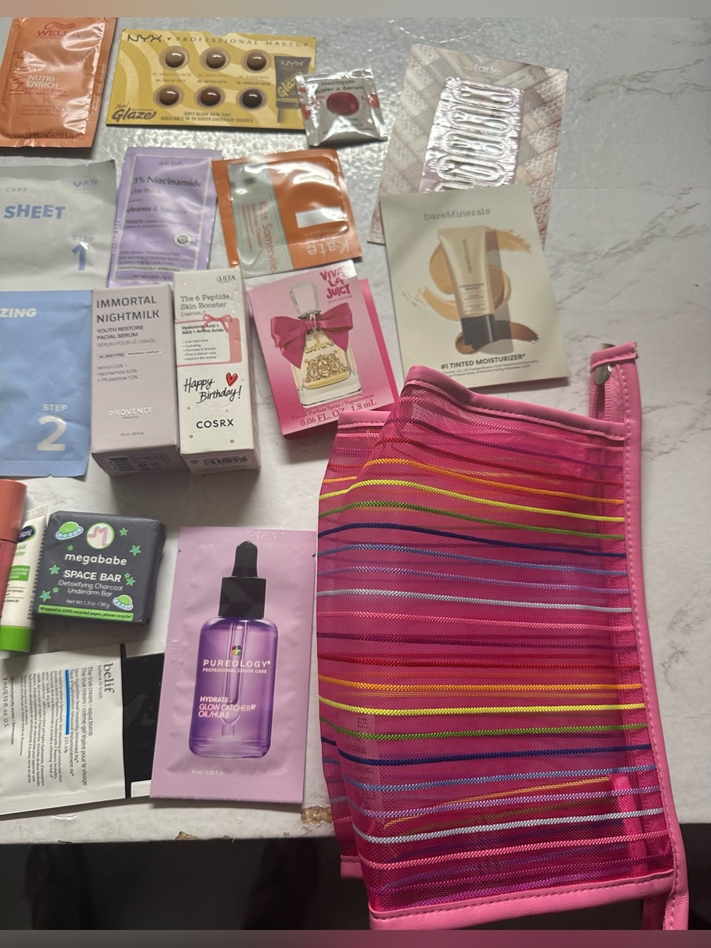 Assorted Beauty & Skincare Sample Lot with Pink Striped Pouch - Picture 4 of 5